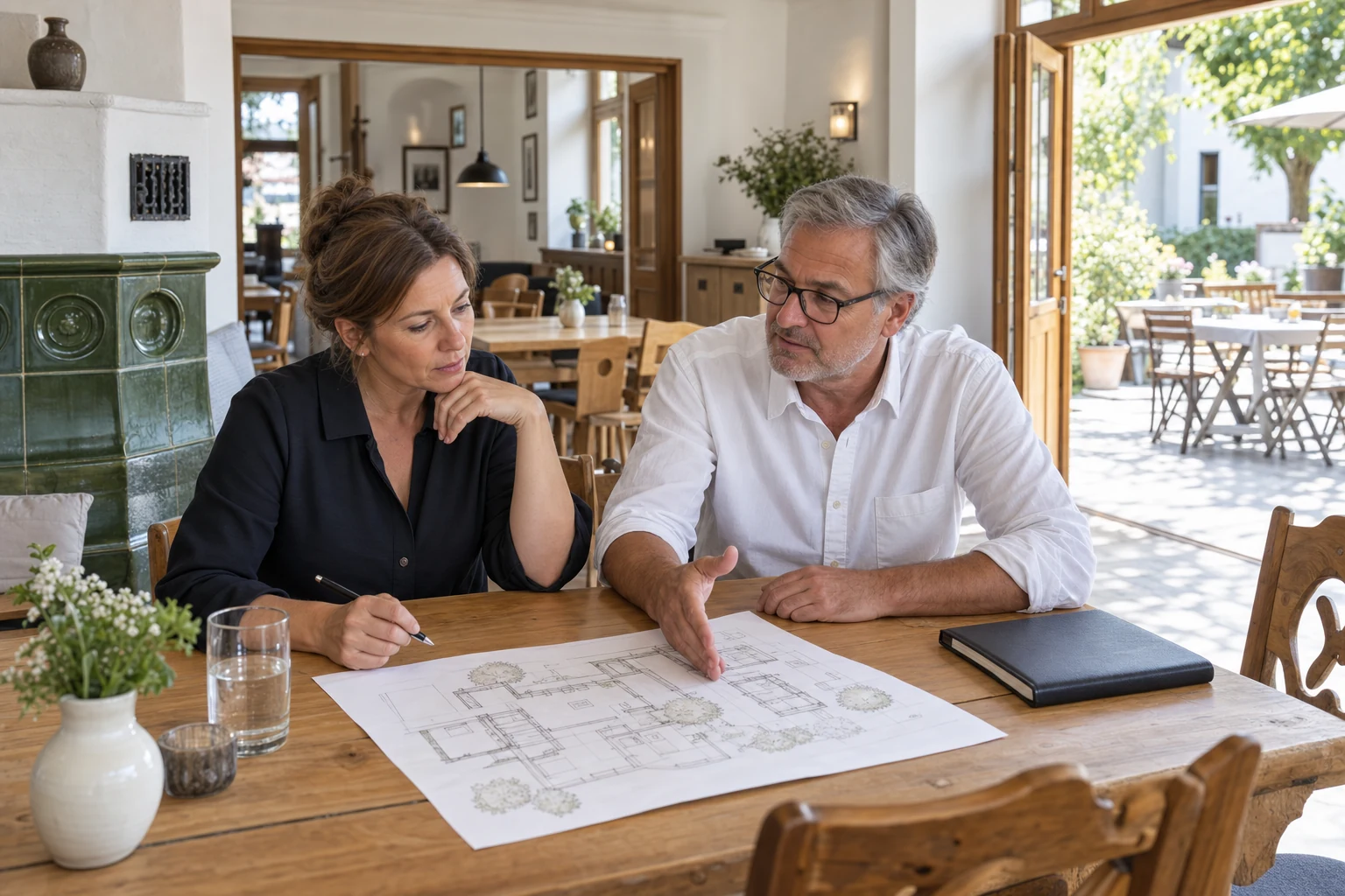 Zwei erfahrene Gastronomen besprechen Räume und Außenbereich eines bayerischen Betriebs